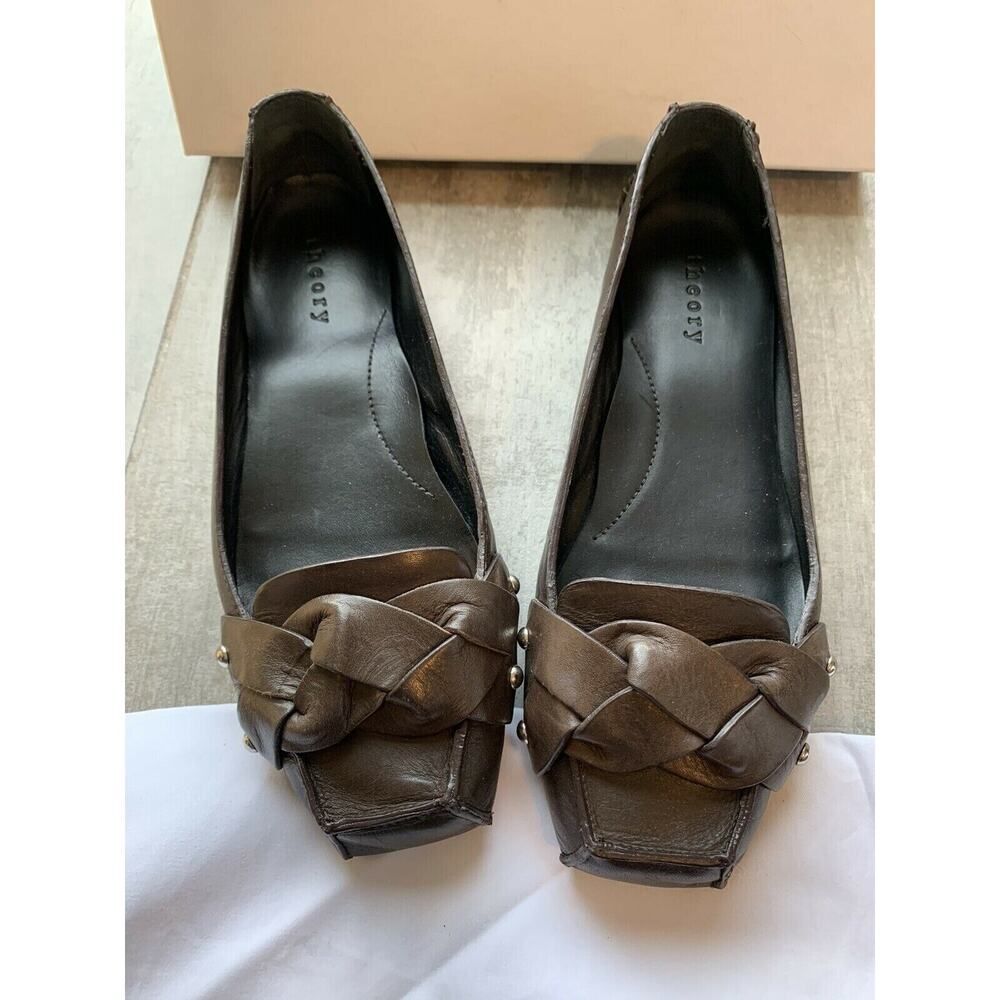 $265 Theory Dark Brown Leather Flats "ELIN" Loafers Moccasins Slip On EUC 39 9